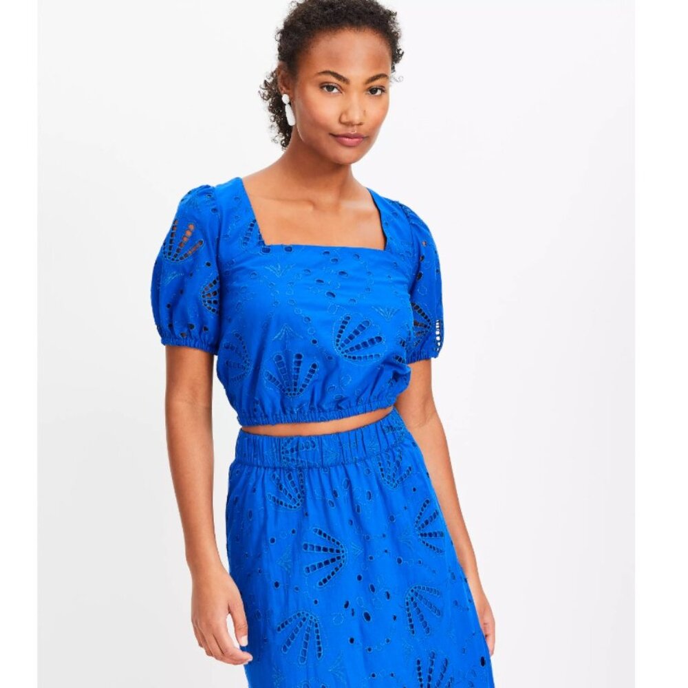 * NWT* LOFT Eyelet Set Cobalt Blue Embroidered Blouse and Tiered Skirt Sz SP
